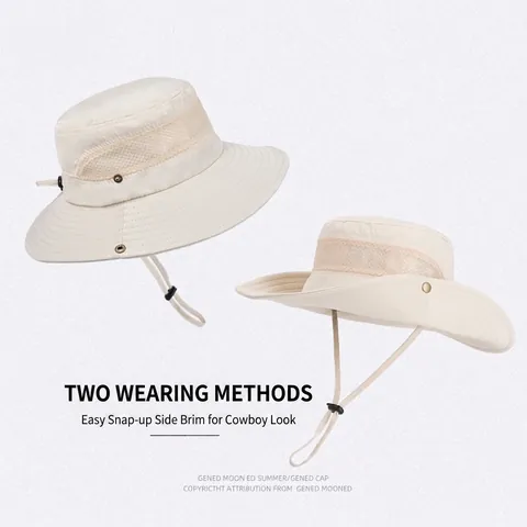 Outdoor Sun Protection Bucket Hat Breathable Mesh Large Brim Polyester Fisherman Cap With Windproof Rope For Fishing Hiking