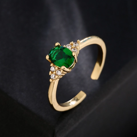 Geometric Open Ring Adjustable Copper 18K Gold Plated Green Zircon Micro-Set Jewelry For Women