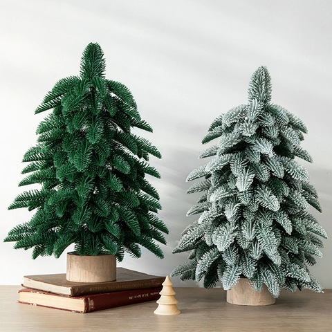 Mini Árbol De Navidad Artificial PE Nieve Flocada Decoración De Escritorio Con Base De Madera Estilo Nórdico Hogar Oficina