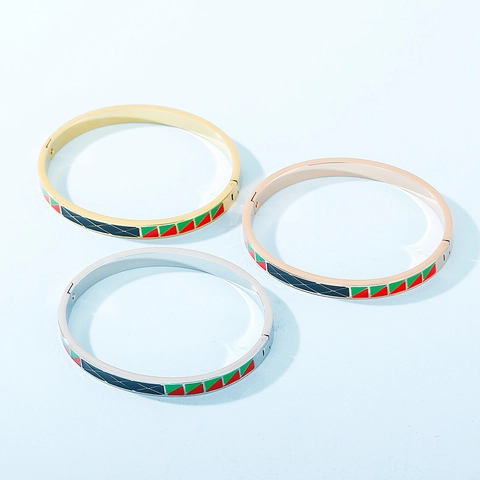 Fashion Bangle Bracelet Stainless Steel Gold Plated Geometric Enamel Stripes Hinged Cuff Luxury Jewelry For Women