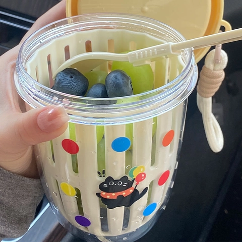 Tazza Porta Frutta Portatile Con Cestello Drenante Cucchiaio E Cinturino Motivo Gatto Cartone Animato Contenitore In Plastica