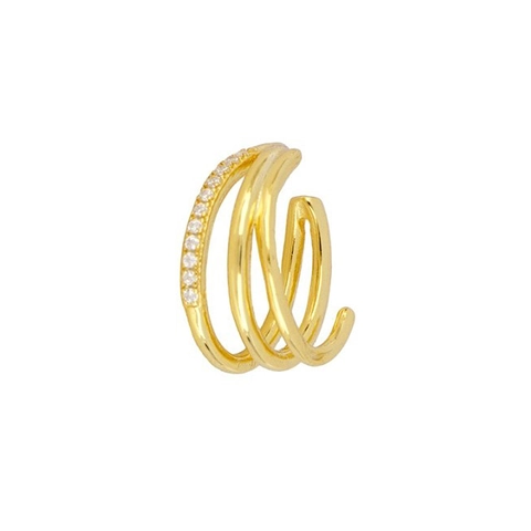Französischer Minimalistischer 18K Vergoldeter Kupfer Ohrclip Mit Zirkonia Besetzt Dreireihig C-Form Ohne Ohrloch Mode Ohrklemme Für Damen