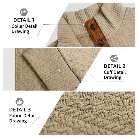 Men Knit Sweater Stand Collar Quarter Button Long Sleeve Retro Jacquard Pullover With Elbow Patches Casual Top