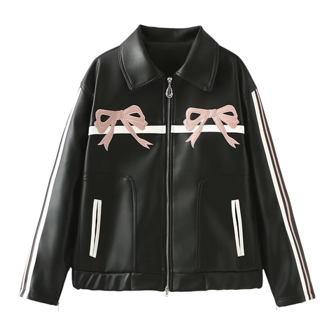Chaqueta de Cuero Sintético para Mujer Negro Sweet Cool Bordado de Lazo Rosa Moto Streetwear Y2K Retro Solapa Cremallera Ropa de Abrigo