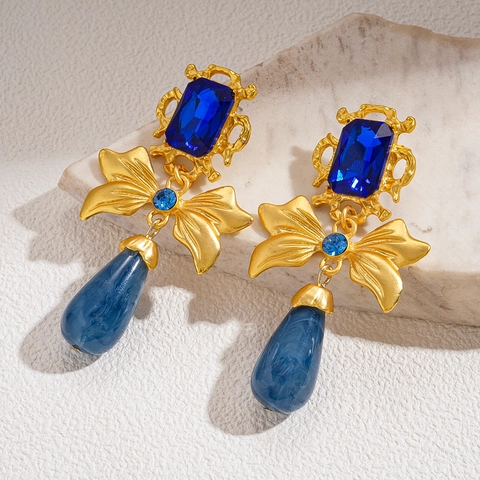 Orecchini Pendenti Retro Barocco Con Strass Blu Fiocco Goccia D'acqua E Perno In Argento Sterling 925 Per Donna