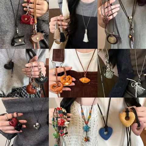 Long Collier Pendentif Vintage Cuir Alliage Résine Croissant Smiley Pompon Boho Chaîne Pull Femmes