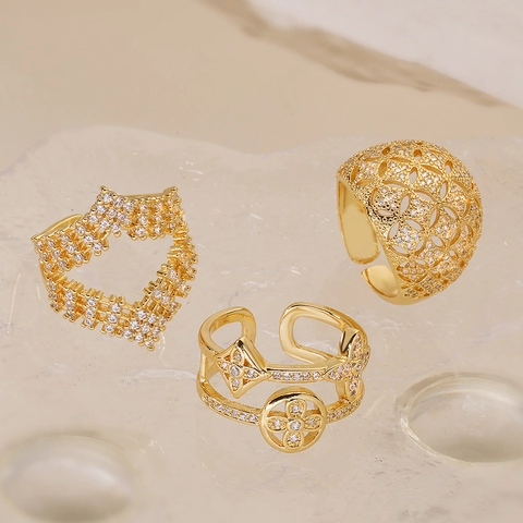 Damen Kupfer 18K Vergoldeter Offener Ring Mit Zirkon Geometrisch Ausgehöhlt Retro Stil Verstellbarer Fingerschmuck