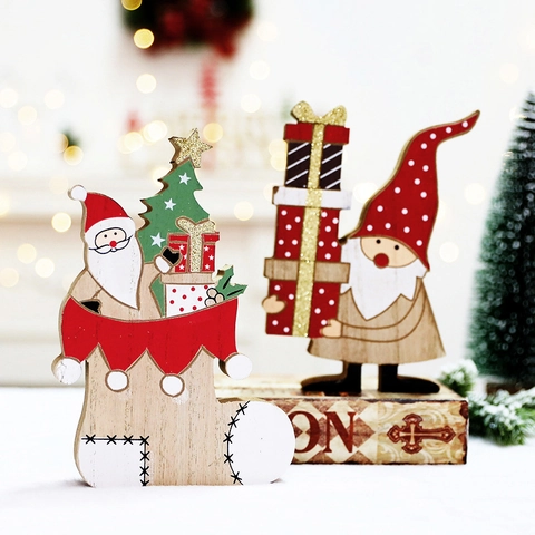 Christmas Wooden Desktop Ornament Santa Claus Gnome Gift Box Festive Table Decoration Painted Wood Statue Holiday Party Decor