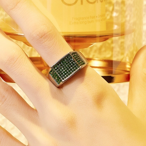 Hip Hop Stainless Steel Signet Ring Full White Green Rhinestone Inlaid Square Band Ring For Men Women Fashion Jewelry