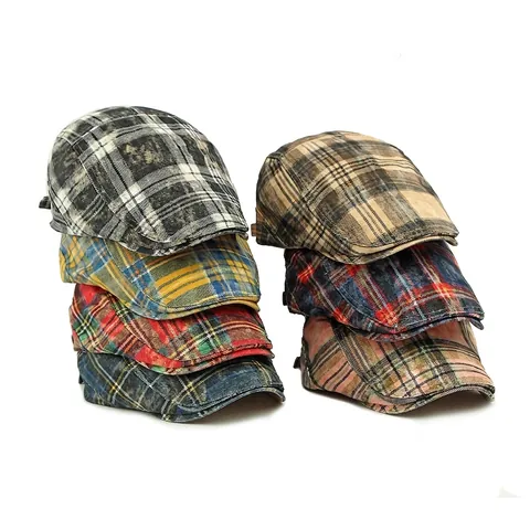 Plaid Ivy Cap British Retro Flat Cap Washed Cotton Adjustable Newsboy Hat For Men Women Outdoor Casual Fashion