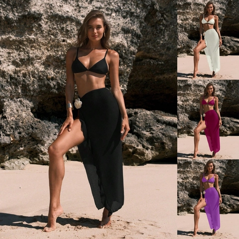Women Polyester Halter Bikini Top Briefs And High Slit Knit Beach Skirt Stereoscopic Flower Decor Vacation Swimwear
