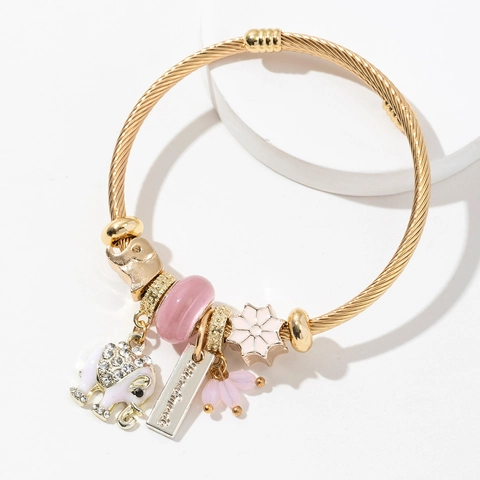 Bracciale Rigido Regolabile Acciaio Inossidabile Lega Perle Di Cristallo Strass Elefante Ciondoli Fiori Stile Etnico Donne