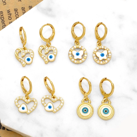 Gold Plated Copper Evil Eye Earrings For Women Personalized Heart Butterfly Zirconia Hoop Dangle Earrings Vintage Jewelry