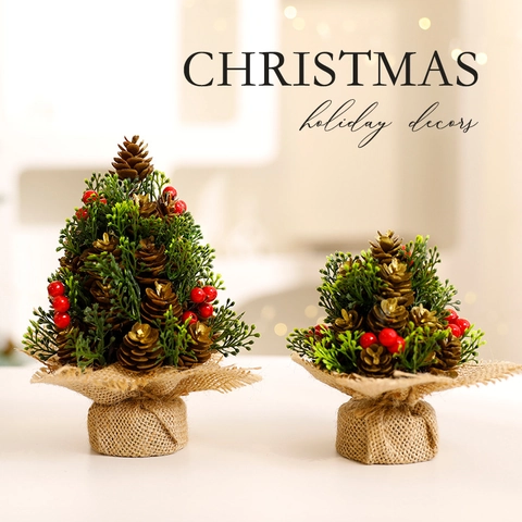 Mini Albero Di Natale Ornamento Da Tavolo Pigne Aghi Di Pino PE Bacche Rosse Base Di Iuta Decorazione Rustica Per Casa