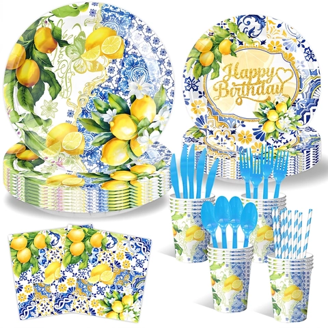Lemon Geburtstag Party Zubehör Mediterranen Stil Geschirr Dekoration Banner Ballon Papierteller Serviette Becher Sommerfest