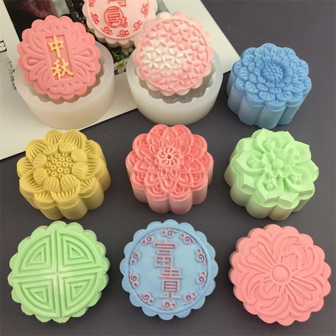 Runde Lotus Mondkuchenform Silikon Traditionelles Blumenmuster Für DIY Backen Seife Schokolade Gelee Festival Feier