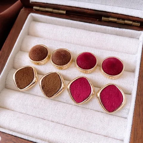 Retro Flocking Stud Earrings With 925 Sterling Silver Earring Post Geometric Gold Tone Alloy Red Brown Women Jewelry