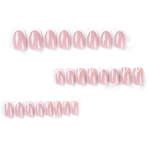 French Tip Press On Nails Square Head Pink White Orange Wave Pattern Glossy Fake Nails Artificial Nail Art