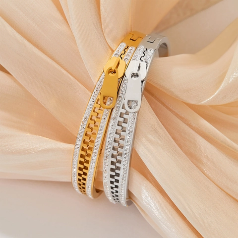 Bracelet Jonc Fermeture Éclair Acier Inoxydable Strass Pavé Zircon Affaires Mode Moderne Créatif Pour Femmes
