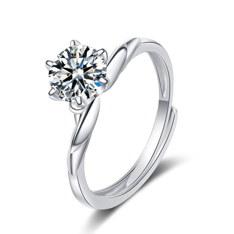 Schwan Solitär Offener Verstellbarer Ring Platinbeschichtetes Kupfer Zirkon Sechs Krallen Gedrehtes Band Minimalistischer Schmuck