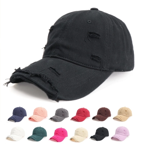Gorra De Béisbol De Algodón Distressed Vintage Rasgada Ajustable Protección Solar Retro Color Sólido Unisex