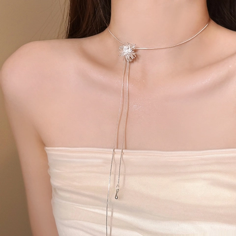 Firework Zircon Pendant Necklace Long Tassel Adjustable Sliding Buckle Silver Plated Copper Jewelry For Women