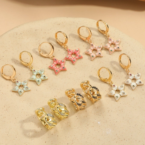 Orecchini a Cerchio Minimalisti in Rame e Zirconia con Stella Pendente da Donna Geometrici in Smalto Placcato Oro Gioielli di Moda
