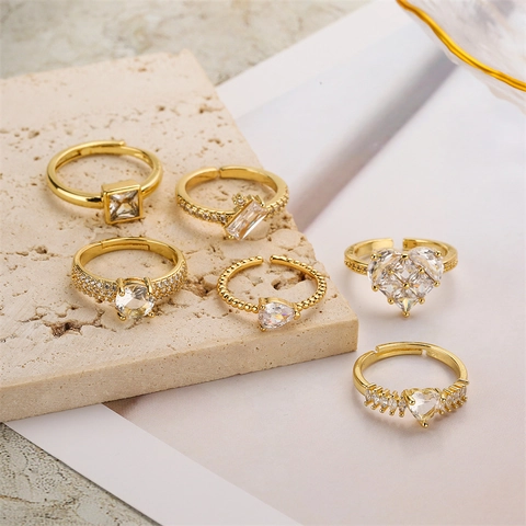 Copper Gold Plated Zircon Ring Heart Geometric Open Adjustable Fashion Light Luxury Elegant Jewelry For Women Girls