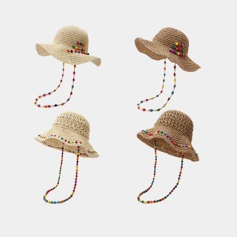 Bohemian Women Paper Straw Bucket Sun Hat Hollow Out Colorful Wood Beads Large Brim Summer Beach Vacation Wind Lanyard