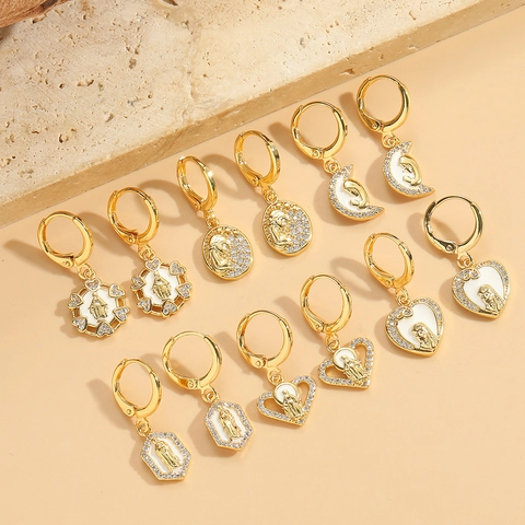 Ethnic Religious Style Mary Heart Drop Earrings Inlaid Zirconia Gold Plated Copper Geometric Dangle Jewelry For Women
