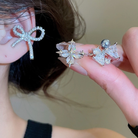 Ear Cuff Fiocco Stella Geometrici Rame Zircone Perla Artificial Sintetica Orecchini Con Silver Earring Post Gioielli Lusso Per Donna