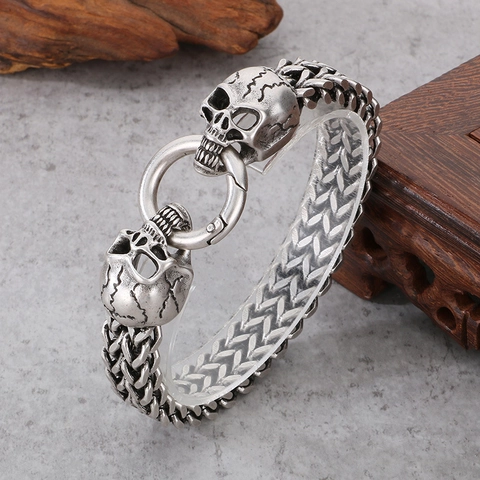 Pulsera Calavera Hombre Acero Inoxidable 316L Gótico Punk Cadena Trenzada Biker Joyería Vintage
