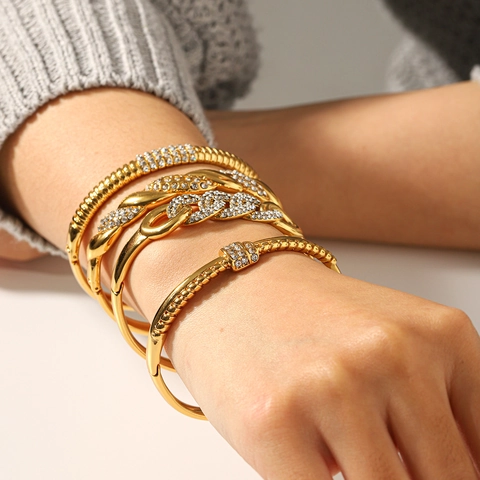 Gold Plated Stainless Steel Bangle Bracelet For Women Rhinestone Cuban Link Twisted Rope Luxury Fashion Non Tarnish Waterproof