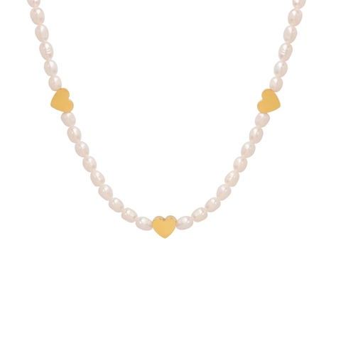 Collana Perle Acqua Dolce Ciondoli Cuore Acciaio Titanio Placcato Oro 18K Vintage Minimalista Gioielli Per Donne