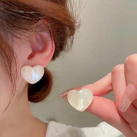 Pendientes De Botón De Corazón Acrílico Irisado Lustre Perla Artificial Sirena Con Poste De Plata Estilo Dulce Para Mujeres
