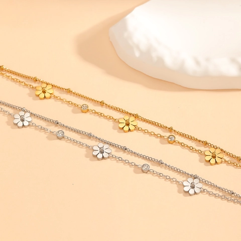 Daisy Flower Double Layer Bracelet Necklace Earrings Stainless Steel Zircon Inlaid Women Elegant Jewelry Charming