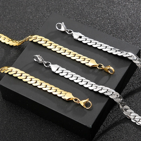 Minimalista Set Collana e Bracciale Maglia Cubana in Acciaio al Titanio Hip Hop Moda Oro Argento Gioielli da Uomo