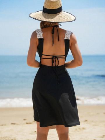 Bikini Nero Sexy E Abito Da Spiaggia Con Pizzo Allacciato Al Collo Copricostume Da Donna Vacanze