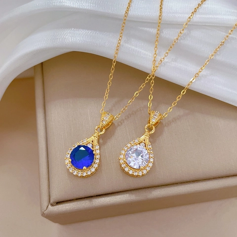 Collier Pendentif Goutte Deau Acier Inoxydable Cuivre Zirconium Micro Pave Bijoux Luxe Élégant Pour Femmes