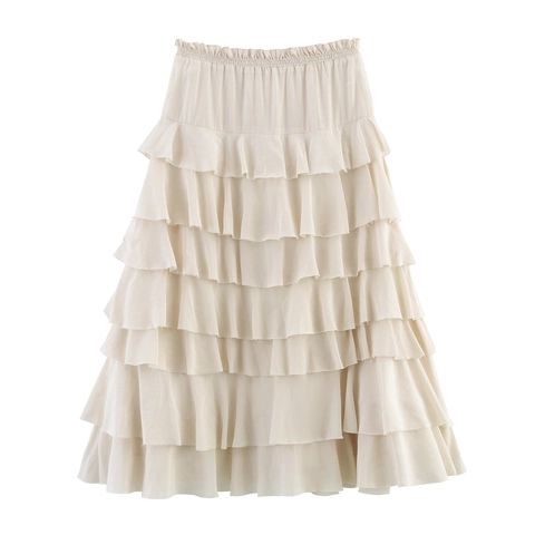Falda Midi De Capas Volantes Cintura Elástica Alta Color Sólido Falda Pastel Elegante Para Mujeres Streetwear
