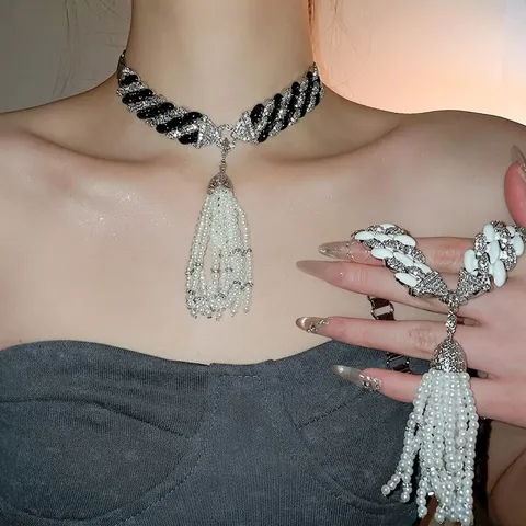 Collana Girocollo Cuban Link Con Zirconi Smalto E Pendente A Nappa Con Künstliche Perle D'Imitazione Elegante Stile Vintage