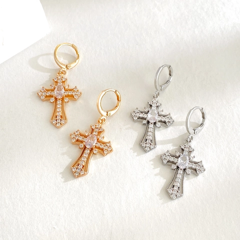 Cross Drop Earrings With 925 Sterling Silver Earring Post Copper Inlaid Zircon Heart Rose Gothic Jewelry For Women