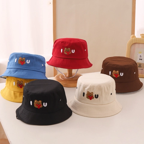 Childrens Cotton Bucket Hat Bear Embroidery Letter Sun Protection Casual Sun Hat With Chin Strap
