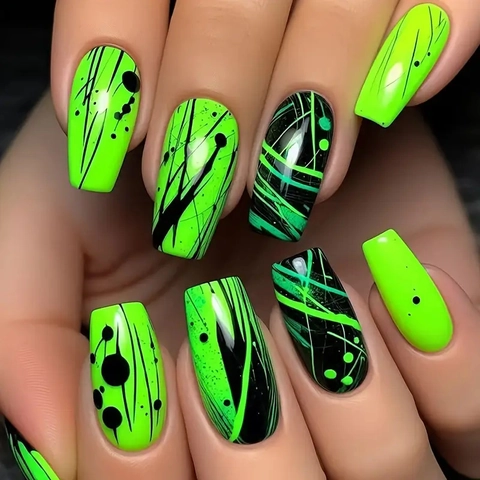 Uñas Postizas Press On Verde Neón Negro Salpicaduras Abstractas Forma Ataúd Largo ABS Brillante Manicura Mujer