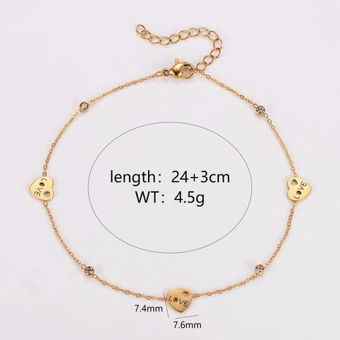 304 Edelstahl Herz Love Fußkettchen Mit Runden Strasssteinen 18K Vergoldet Minimalistischer Sommerschmuck Für Damen