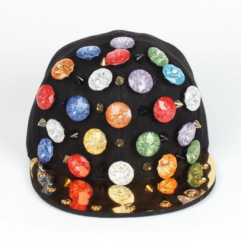 Punk Hip Hop Studded Spike Baseball Cap Colorful Rhinestone Flat Gold Brim Cotton Adjustable