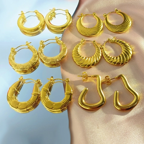 Stainless Steel Hoop Earrings 18K Gold Plated Irregular Geometric Textured Chunky Retro Fashion Jewelry For Women