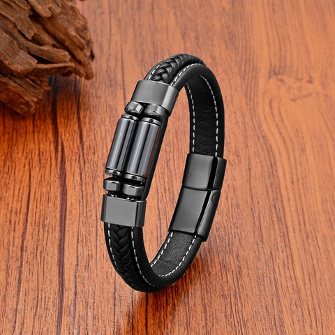 Men Hand Woven Leather Bracelet Stainless Steel Magnetic Clasp Natural Stone Beaded Ethnic Style Wristband Fashion Jewelry