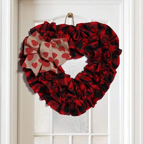Ghirlanda A Forma Di Cuore Tessuto Juta Buffalo Plaid Fiocco Romantico San Valentino Matrimonio Decorazione Porta Casa