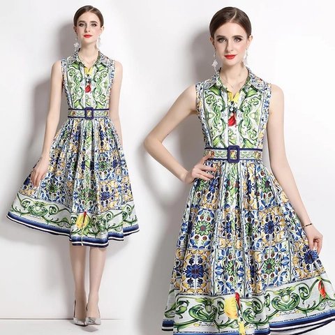 Sleeveless Midi Dress Women Polyester Retro Mediterranean Floral Print Lapel Button Down Elegant Vintage With Belt